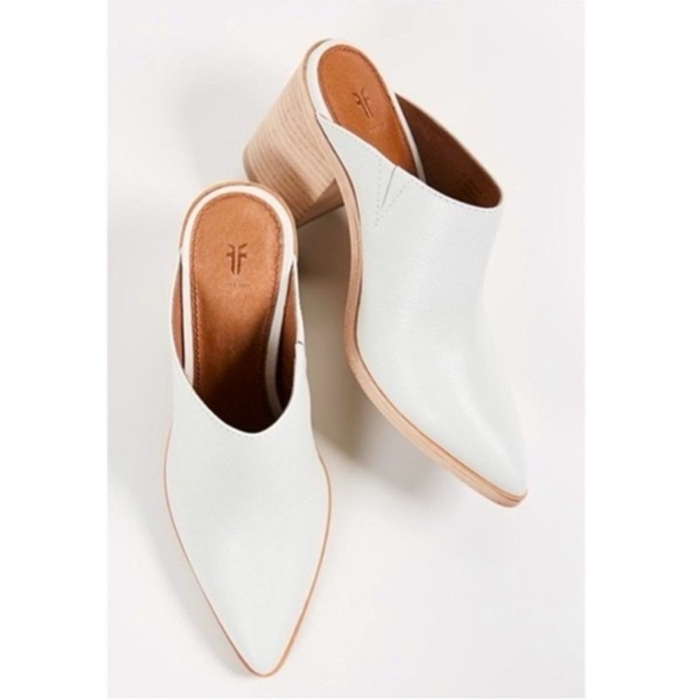 Frye White Leather Pointed Toe Mules with Wood Block Heel